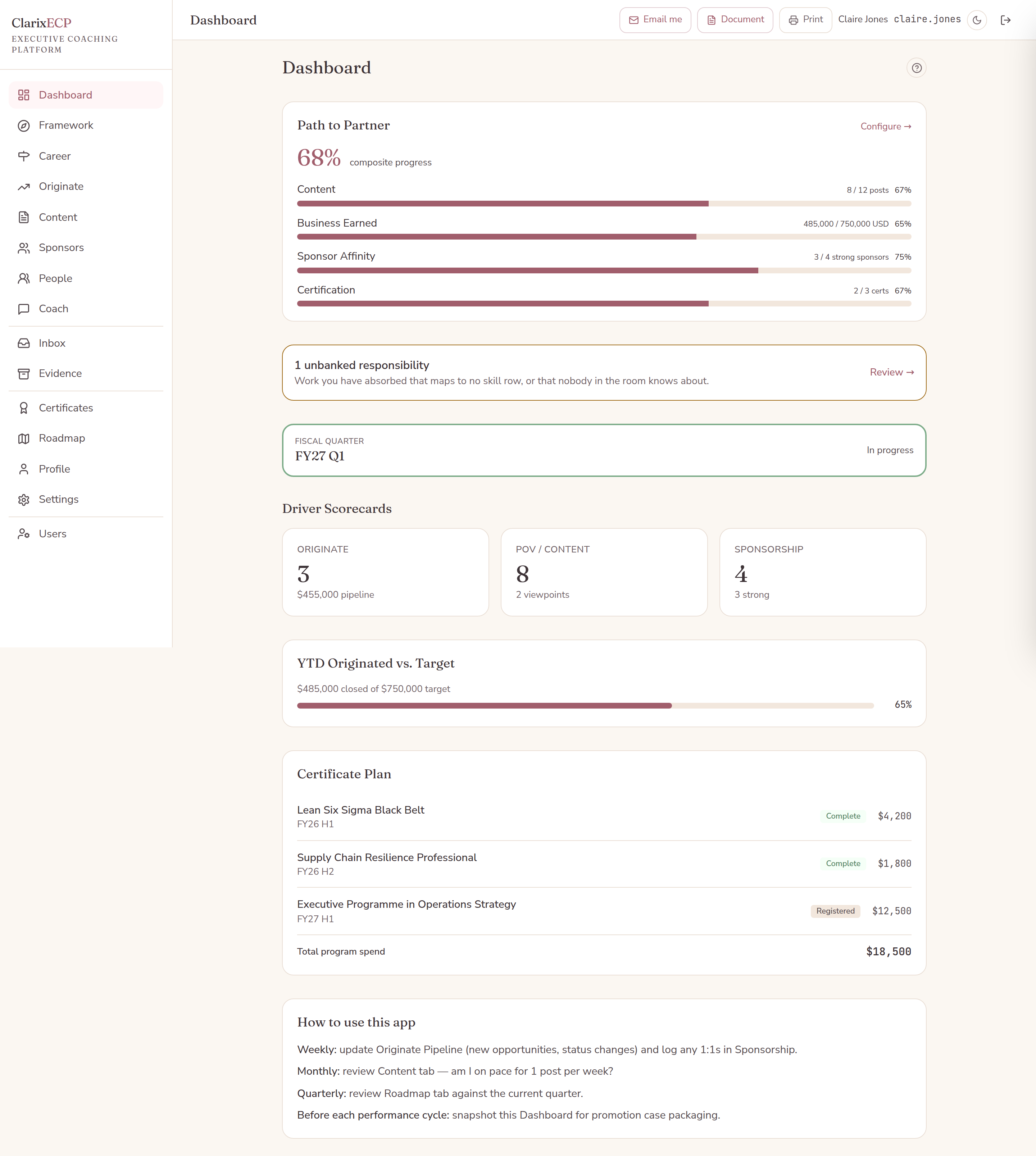 The ClarixECP dashboard for a demonstration account, showing a composite progress score over four evidence pillars. All figures shown are fictional test data.
