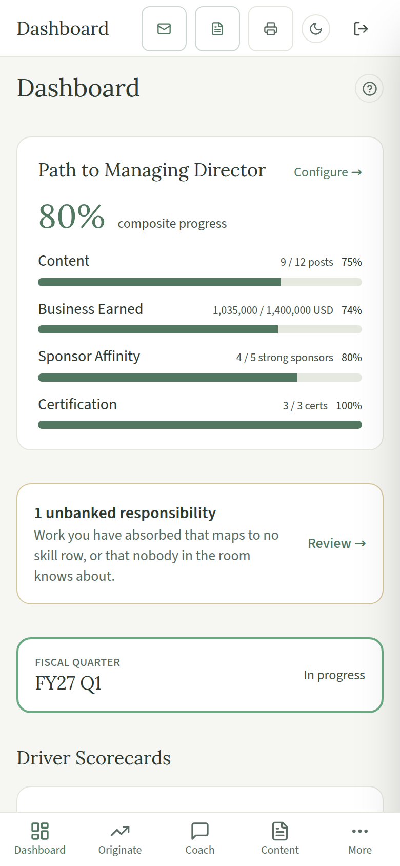 The dashboard at phone width for a third demonstration account, with a bottom navigation bar. All figures shown are fictional test data.